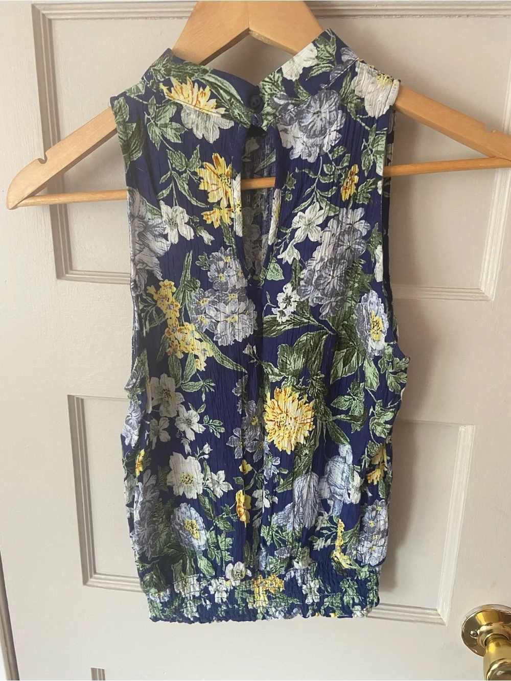 RACHEL Rachel Roy Floral Mock Neck Sleeveless Blouse Navy Yellow White
